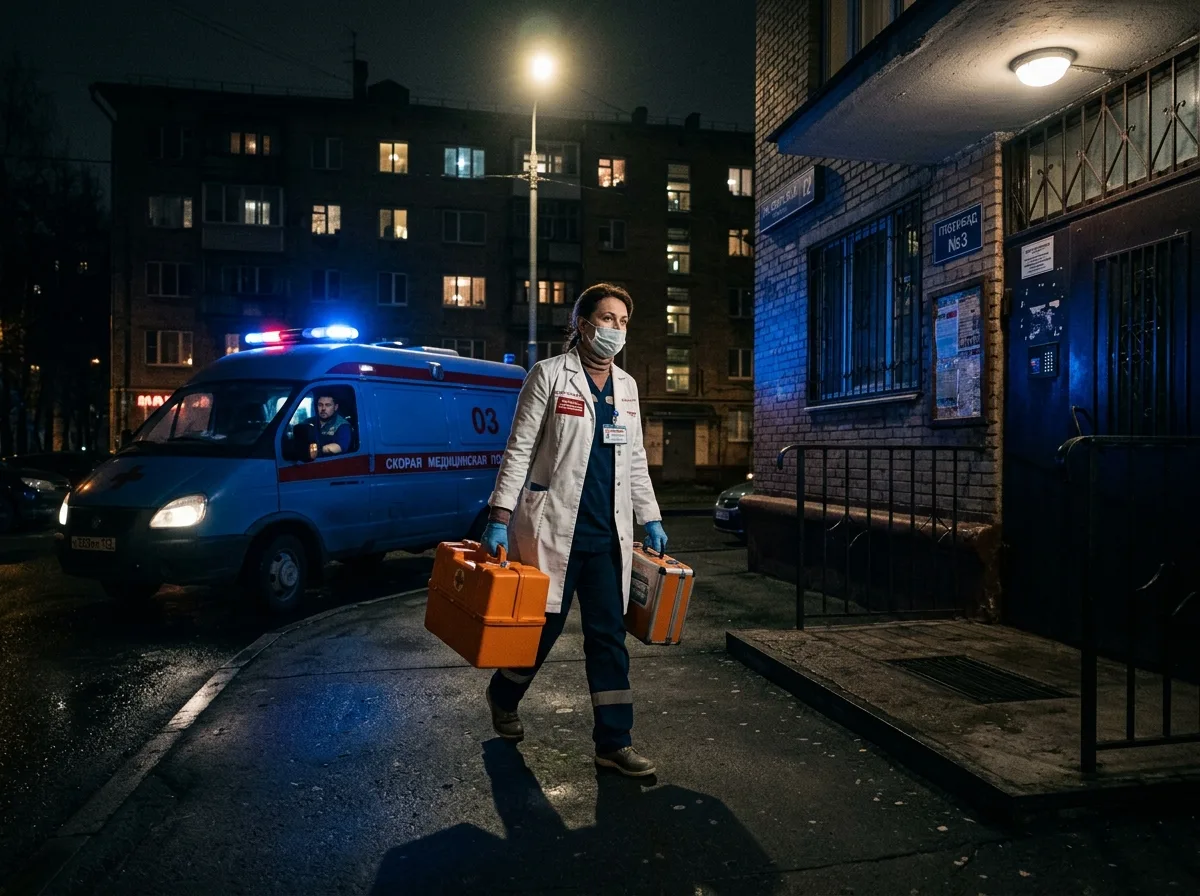 Врач-нарколог в белом халате приезжает на вызов в московскую квартиру ночью, освещённый уличным фонарём, тёмно-синяя атмосфера срочной медицинской помощи