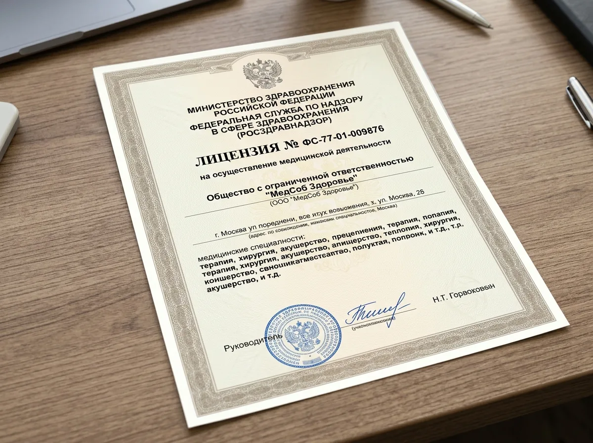 Медицинская лицензия Росздравнадзора клиники МедСоб Здоровье, официальный документ на гербовой бумаге с подписью и печатью