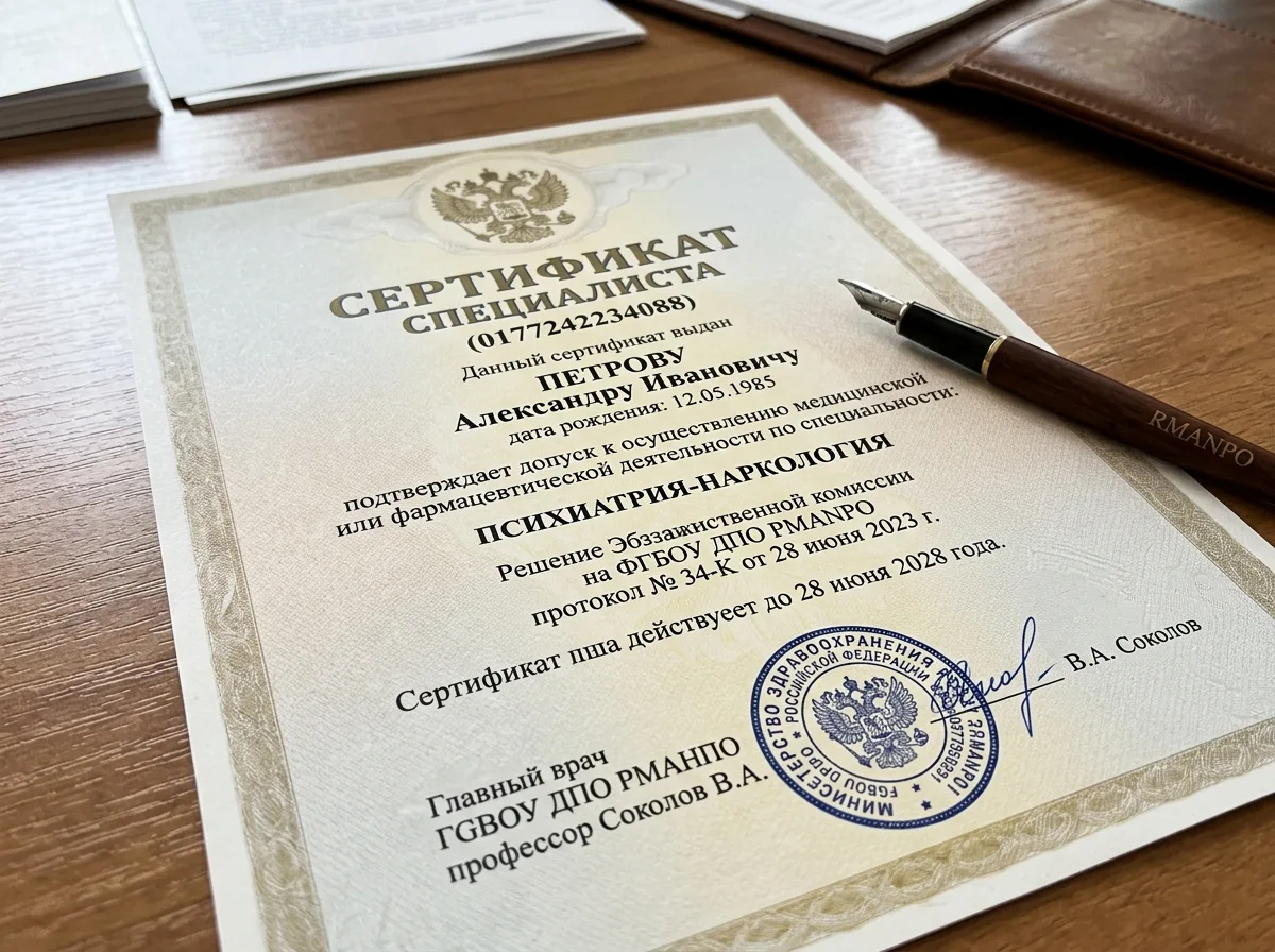 Сертификат специалиста врача-нарколога, документ государственного образца с гербом и подписью главного врача