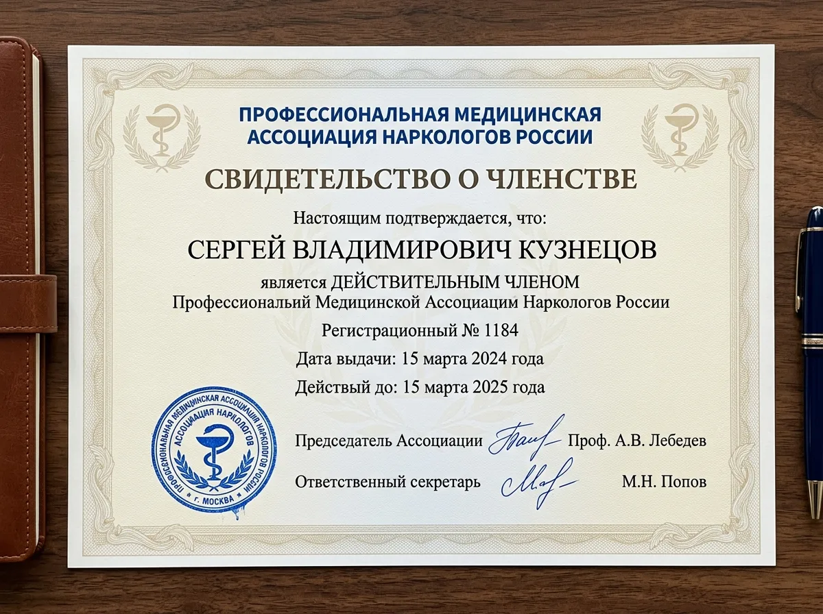 Свидетельство о членстве в профессиональной медицинской ассоциации наркологов России, официальный бланк с синей печатью