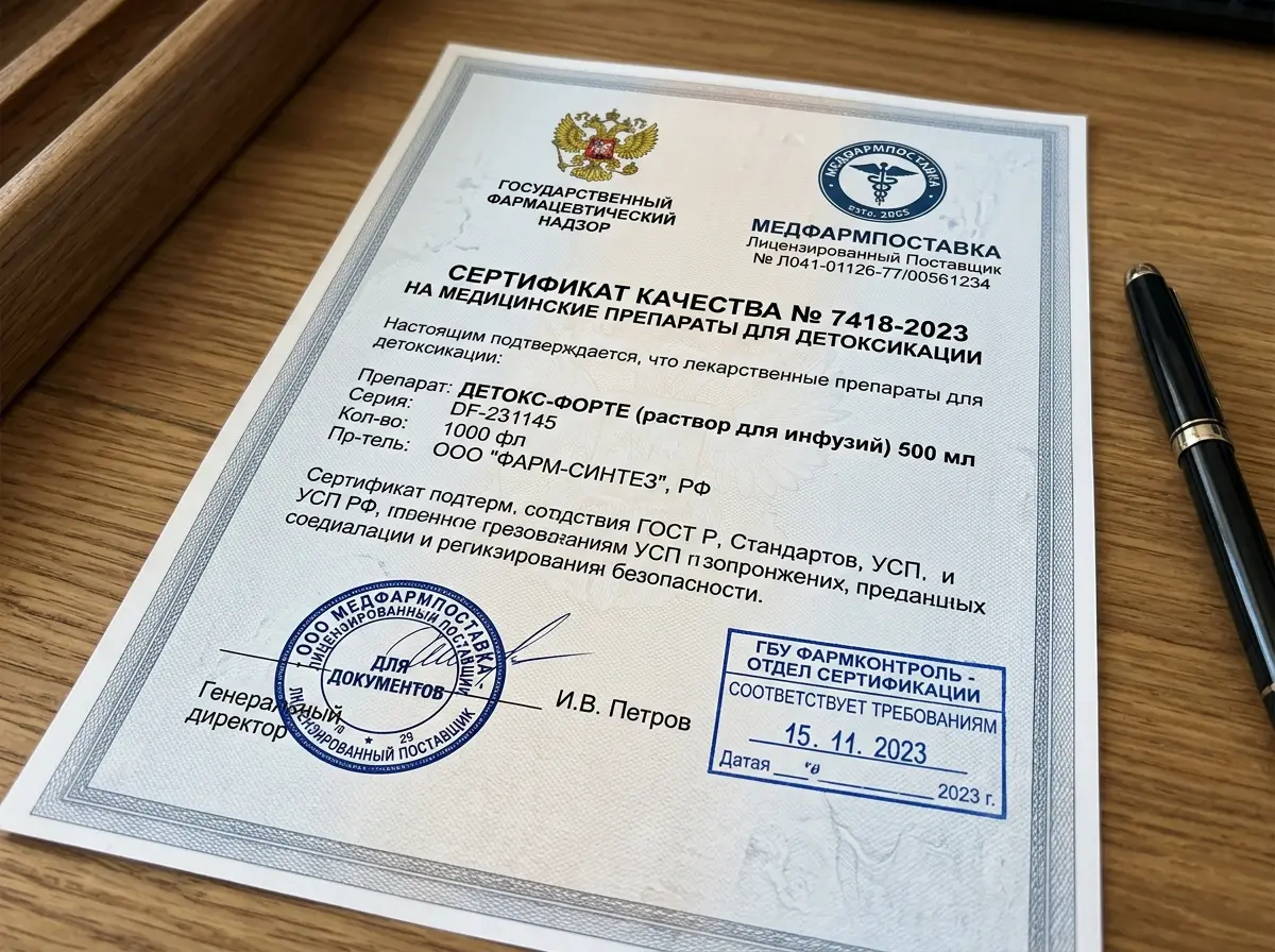 Сертификат качества на медицинские препараты для детоксикации, документ с логотипами лицензированного поставщика и печатями