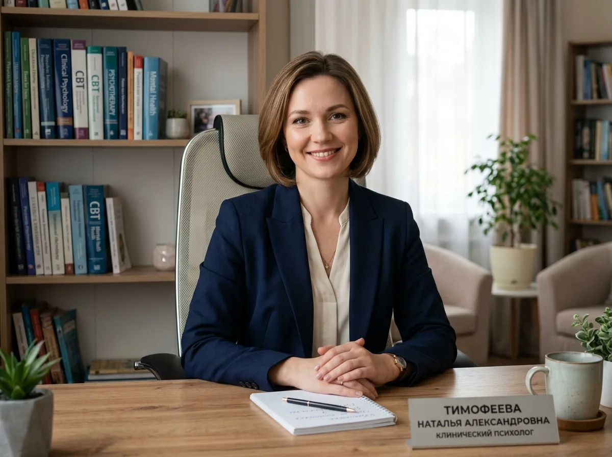 Портрет клинического психолога Тимофеевой Натальи Александровны, женщина 35 лет в деловом костюме, доброжелательный профессиональный вид